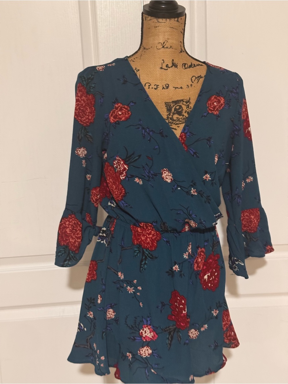 Cotton On Teal Mini Dress with Red Floral Print